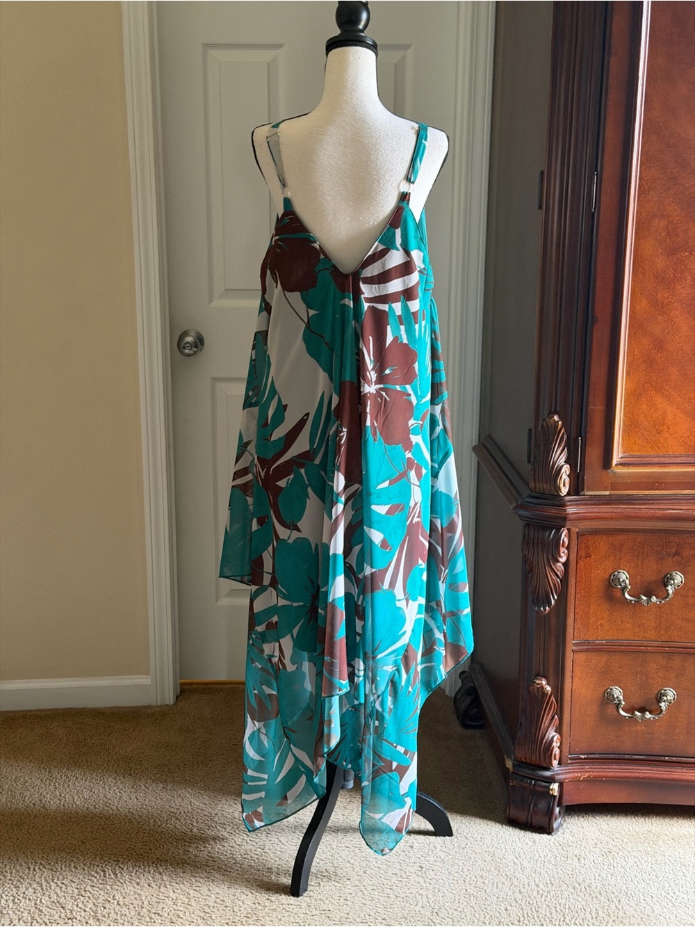 Flowy Teal Tropical Print Handkerchief Hem Dress - Picture 12 of 14